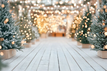 Christmas trees decorated with fairy lights are framing a wooden surface with a blurred luminous background. Xmas tree market