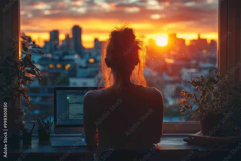 Poster A woman sits at a desk in front of a window, looking out at the city skyline and sunset. She has a laptop in front of her and potted plants around her.