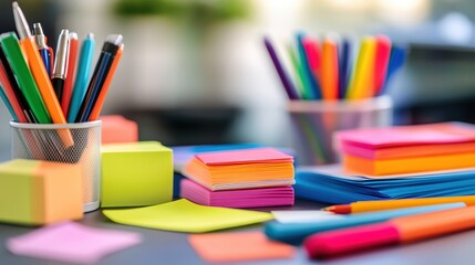 Cluttered Office Desk with Colorful Supplies and Pens