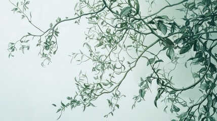 A Painted Branch with Green Leaves and White Background