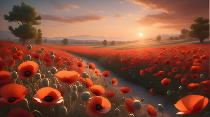 A winding dirt path leads through a field of red poppies at sunset, with distant mountains and trees in the background.