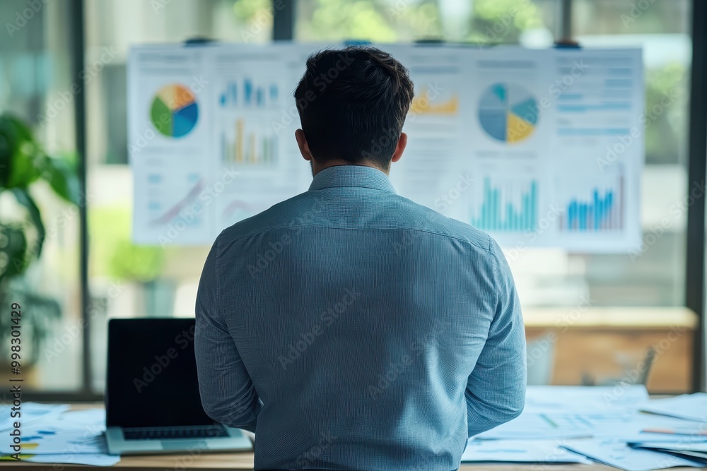 Poster a person analyzing charts and graphs in an office setting.