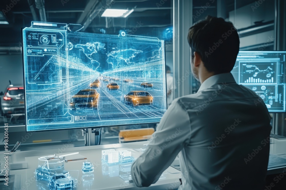 Aufkleber a person analyzes a digital interface displaying traffic data and vehicle movements.