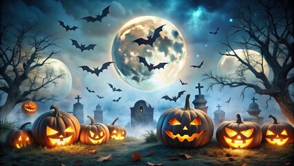 Fototapeta premium Halloween nightmare jack-o'-lanterns, eerie trees, bats, and a full moon illuminating a misty graveyard.