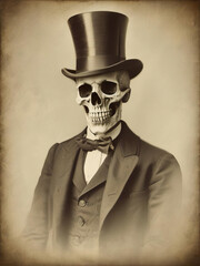 A formal portrait of a skeleton man, made to look like a vintage daguerreotype photograph. Image is perfect for spooky Halloween projects and decor.
