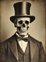 A formal portrait of a skeleton man, made to look like a vintage daguerreotype photograph. Image is perfect for spooky Halloween projects and decor.
