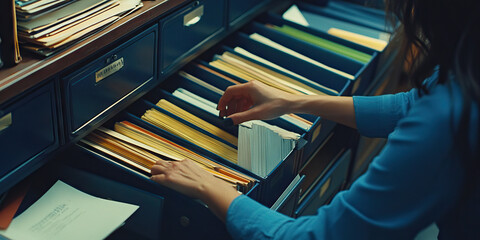 Patient Pursuer: A woman methodically searching through drawers filled with files.