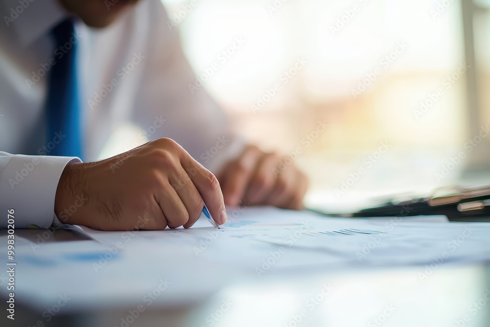 Aufkleber a person analyzing documents and data on a table, focused on work tasks.