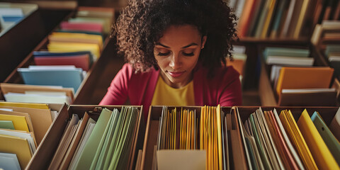 Patient Pursuer: A woman methodically searching through drawers filled with files.