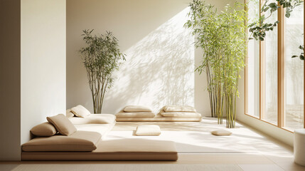 Fototapeta premium Minimalist living area with bamboo plants, neutral-toned cushions, and a large open window allowing natural light to flood the room