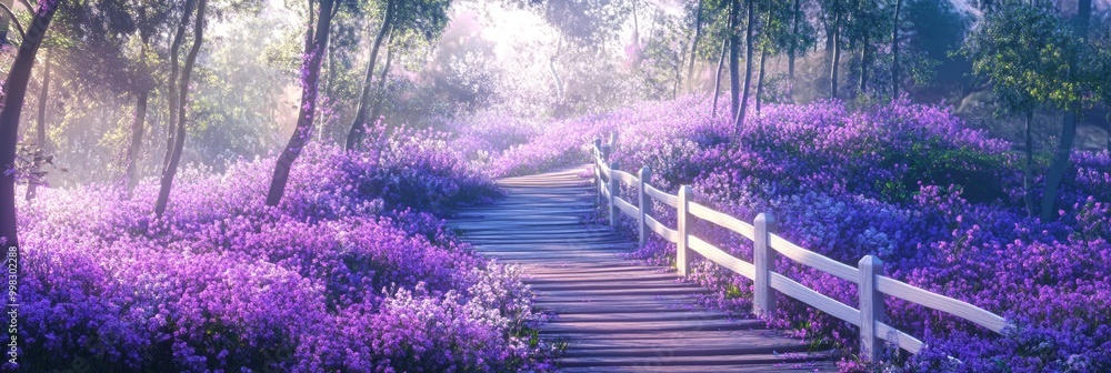 Sticker A serene path through a vibrant purple flower field. Sunlight filters through the trees, enhancing the tranquil atmosphere. This beautiful landscape invites peaceful walks in nature. AI