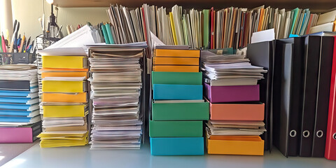Organized Clutter: A desk lined with neat stacks of paper and color-coded folders.