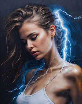 a portrait of a woman with a lightning bolt around her hair.