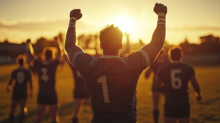 Rugby team celebrates victory with raised hands in the warm glow of sunset, capturing their spirit and unity on the field.