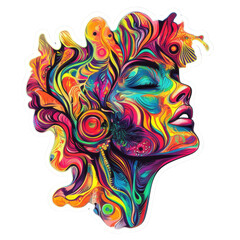 Vibrant abstract art portrait of a woman transparent background