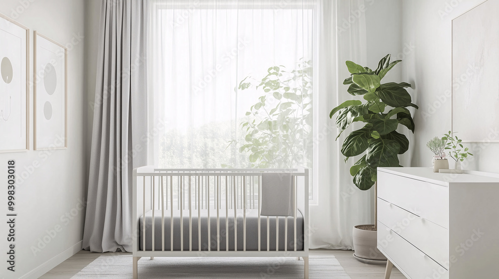 Wall mural Minimalist nursery with a sleek crib, soft gray bedding, and a white dresser with just one plant on top. Large window with sheer curtains letting in natural light