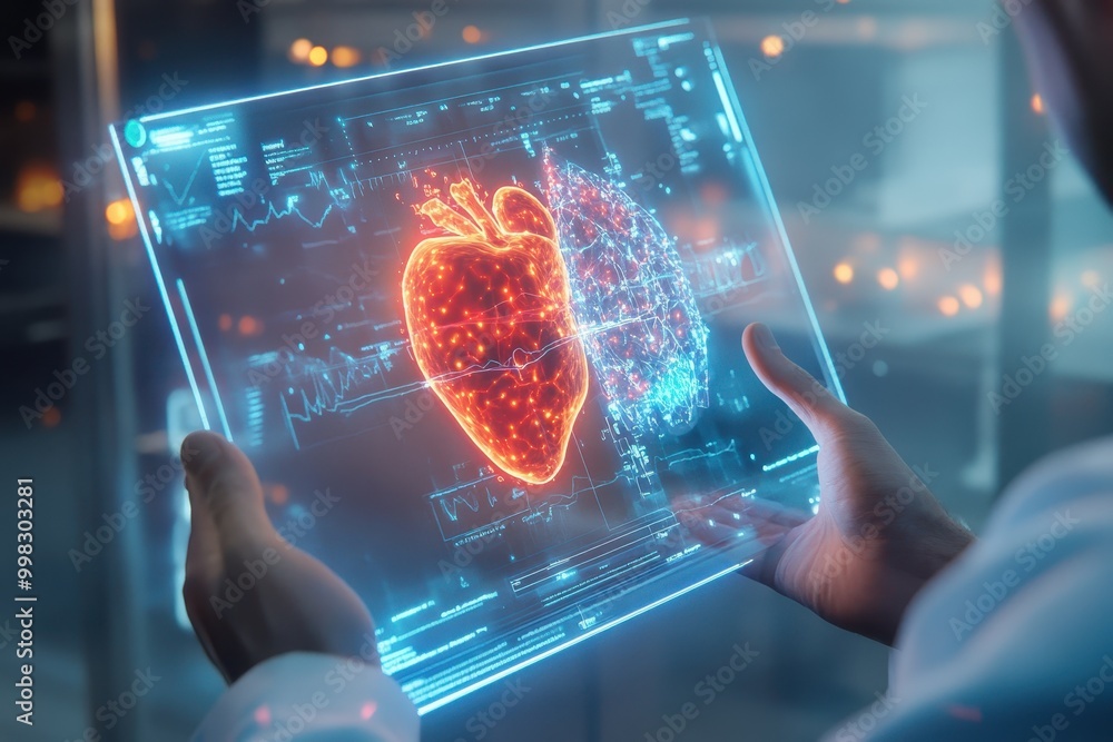 Poster a person holds a holographic display showing a heart and brain visualization.