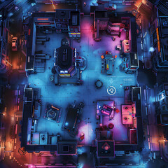 Futuristic Cyberpunk City Battle Map for DnD, Detailed Top-Down RPG Map, High-Resolution Sci-Fi Background for Virtual Tabletop Games, Neon-Soaked Urban Setting for Cyberpunk Campaigns and Adventures