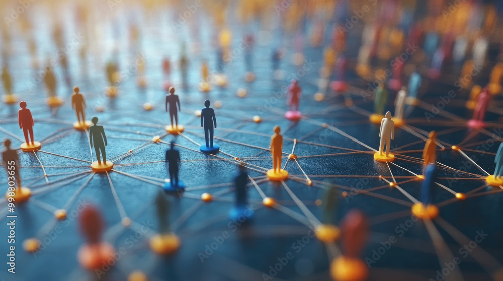 Poster figures representing individuals are linked by lines in a virtual space, symbolizing online connecti