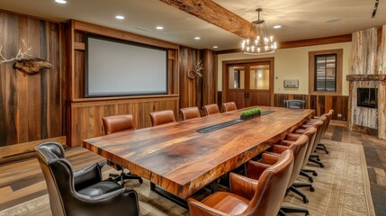 Naklejka premium Spacious Conference Room with Long Wooden Table