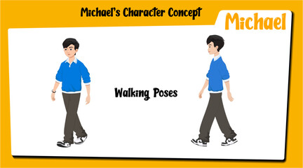 A teenager school boy cartoon character walking AKA Michael. Boy cartoon character.