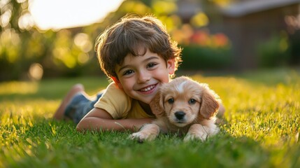 Playful 5 year old boy playing with a puppy in a backyard, joyful and carefree. Pet food brands, children clothing, family services.