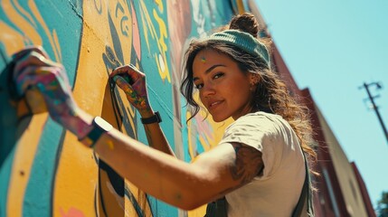 Obraz premium Playful 20s female artist creating street art on a city wall, expressive and bold. Art festivals, paint brands, urban development projects.
