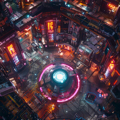 Futuristic Cyberpunk City Battle Map for DnD, Detailed Top-Down RPG Map, High-Resolution Sci-Fi Background for Virtual Tabletop Games, Neon-Soaked Urban Setting for Cyberpunk Campaigns and Adventures