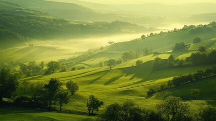 Obraz premium Rolling Green Hills with Morning Mist and Sunlight