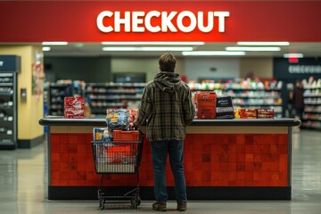 Shopper at supermarket checkout with cart full of groceries