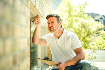 Man inspecting house window outside on day light