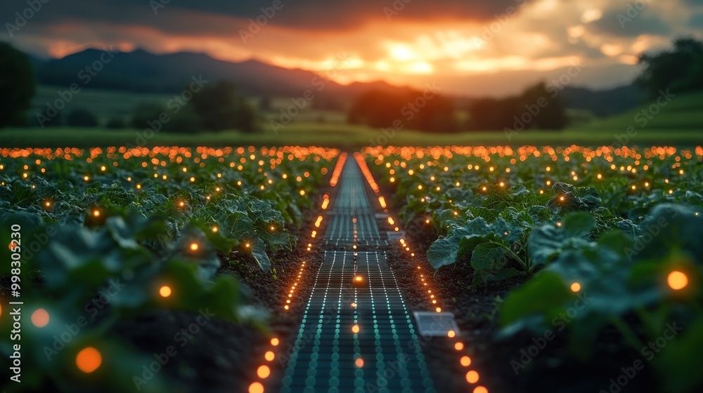 Wall mural Rows of glowing lights in a field of green plants at sunset with a mountain range in the background.