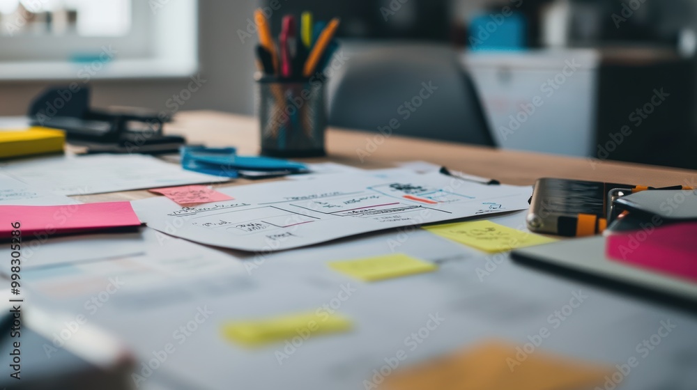 Poster workspace with project planning and documents on table
