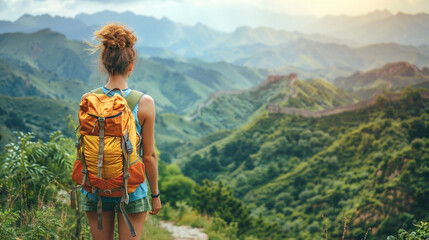 Female hiker with a yellow backpack standing on a mountain trail, overlooking the Great Wall of China and green hills, enjoying the scenic landscape and adventure