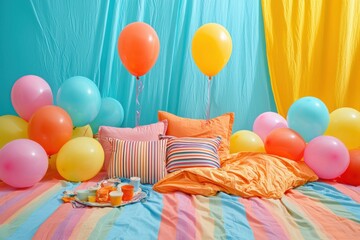 Colorful birthday party setup with balloons and cozy bedding