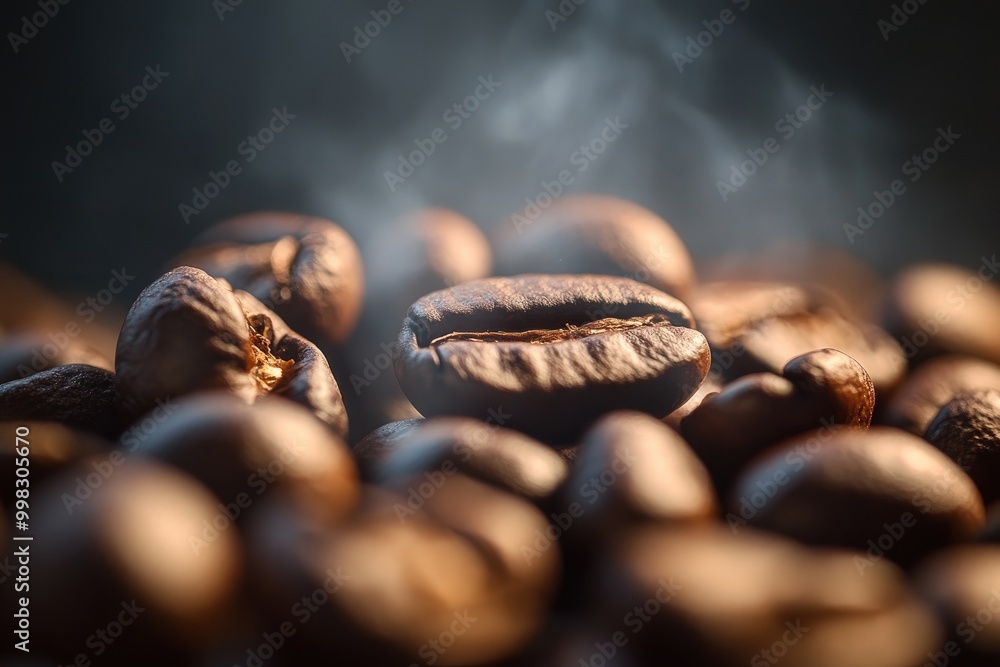 Poster Steaming Roasted Coffee Beans Close-Up