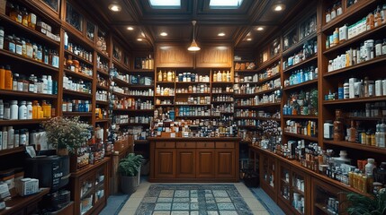 Vintage Pharmacy Interior with Wooden Shelves and Bottles