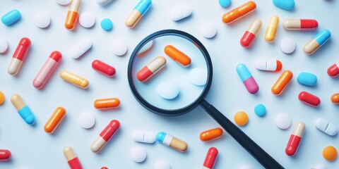 Colorful capsules and pills scattered on a light background. A magnifying glass highlights one pill among many. This image represents health, medicine, and science. AI