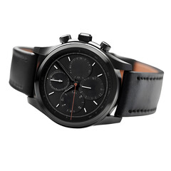 A sleek black chronograph watch with a leather strap against a dark background, showcasing its elegant design and functionality.