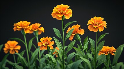 Beautifully blooming orange Tagetes / Marigoldflowers close up macro against black background