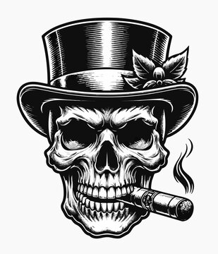 Teschio con cappello a cilindro che fuma sigaro. Generative AI