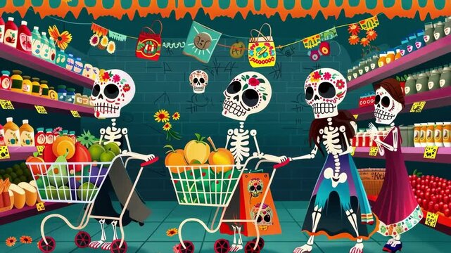 Colorful day of the dead celebration in a supermarket setting