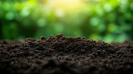 Fototapeta premium Close-up of Rich Dark Soil Against Vibrant Green Background for Gardening Use