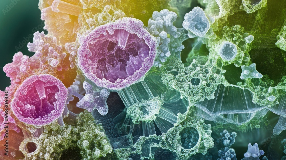Poster abstract colorful crystal formations with circular patterns
