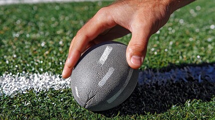 Hand gripping a rugby ball on the white line of a synthetic green field, highlighting texture and readiness for play.