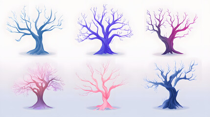 Pastel haunted tree set of icons with smooth branches and light pastel colors placed on a plain background
