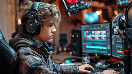 Focused gamer streaming live with headset and multiple screens in cozy setup