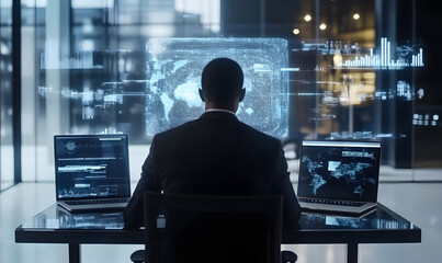 Fototapeta premium Futuristic Business Collaboration: AI-Driven Strategies, Augmented Reality Insights, Virtual Reality Simulations, and Holographic Financial Data for Smart Office Innovation