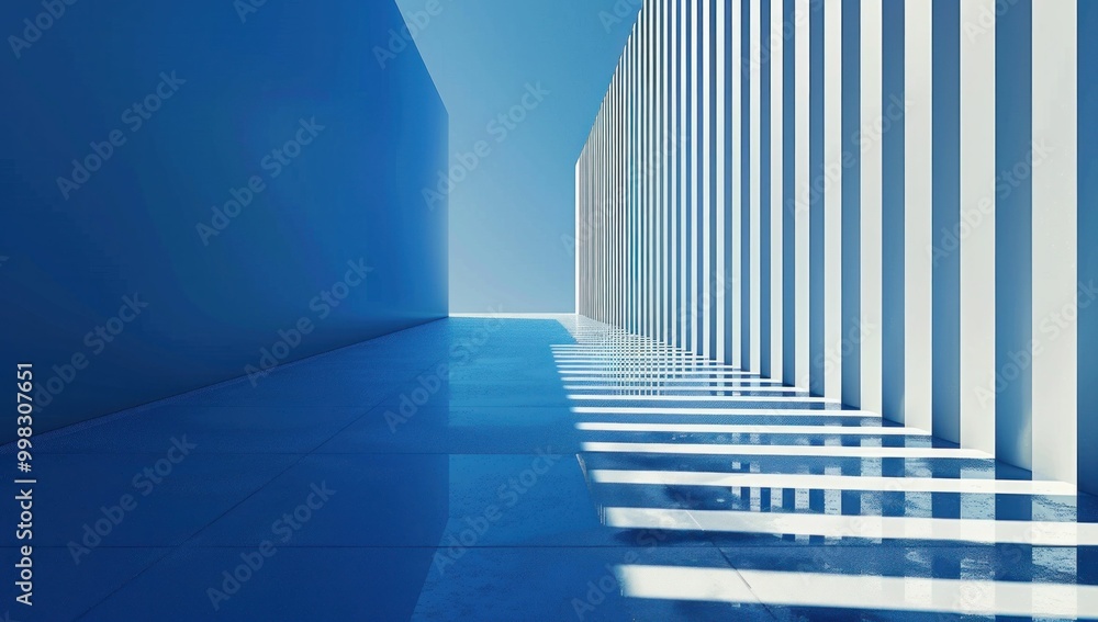Poster abstract architectural corridor with blue walls and white columns casting shadows on the floor