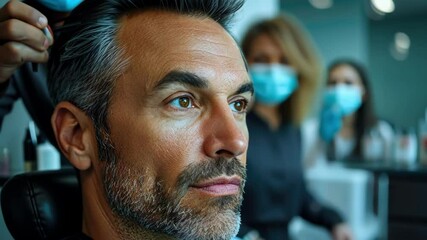 Man receiving haircut at salon with focused expression and masked hairstylist in background